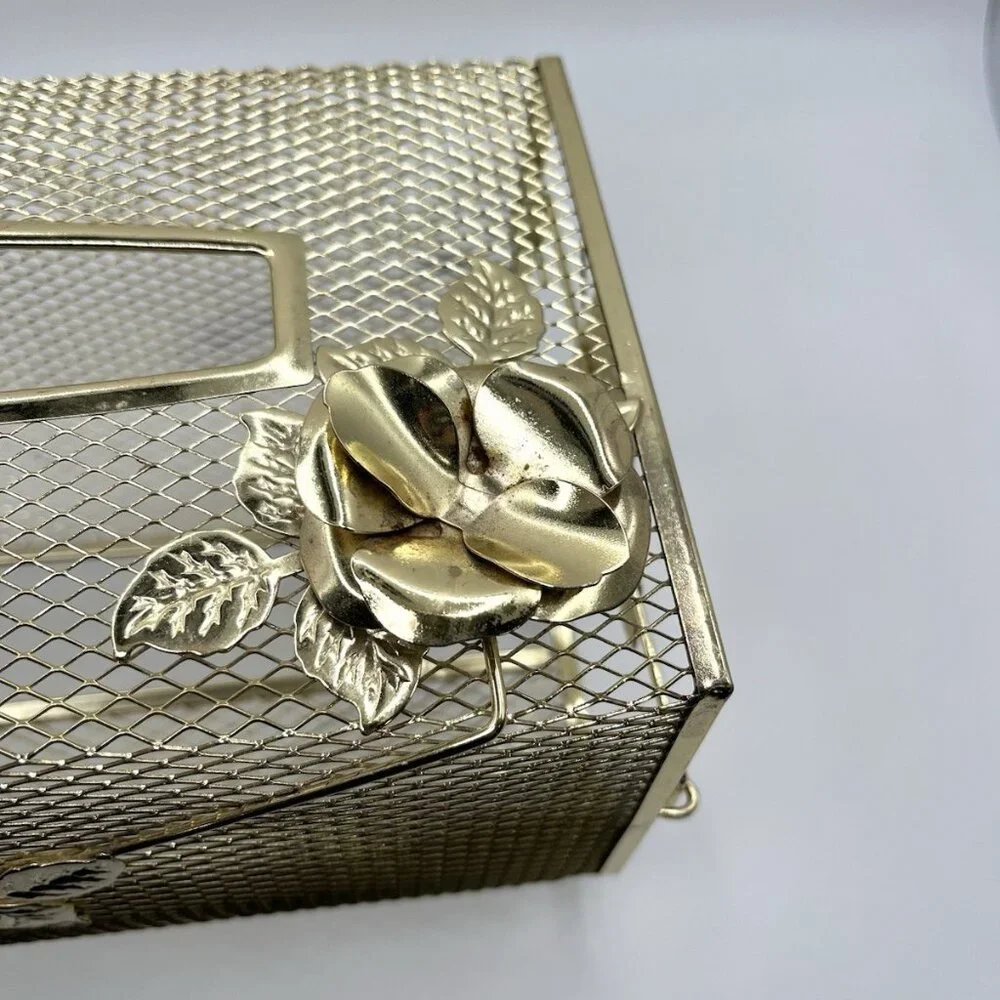Vintage Gold Tone Metal Rose Tissue Box Cover Hollywood Regency Mesh Vanity MCM